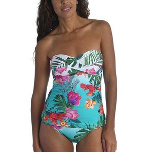 LA BLANCA Tropicalia Floral Tankini Top Size 4 XS Bright Aqua Tropical NEW